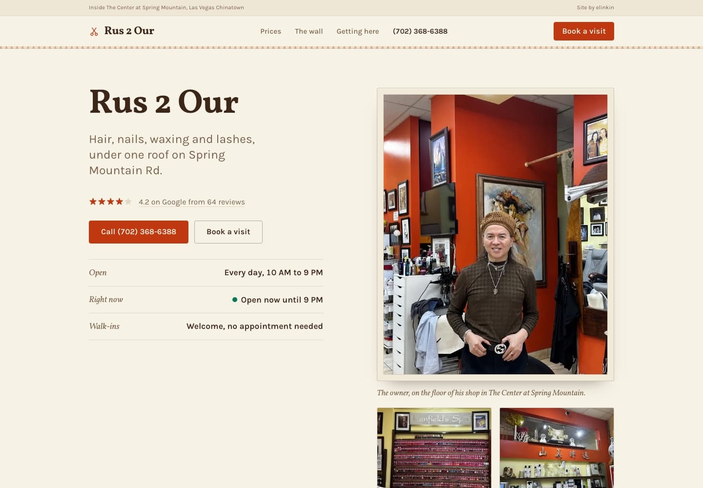 The Rus 2 Our salon website, showing the owner’s portrait, the shop hours and the phone number
